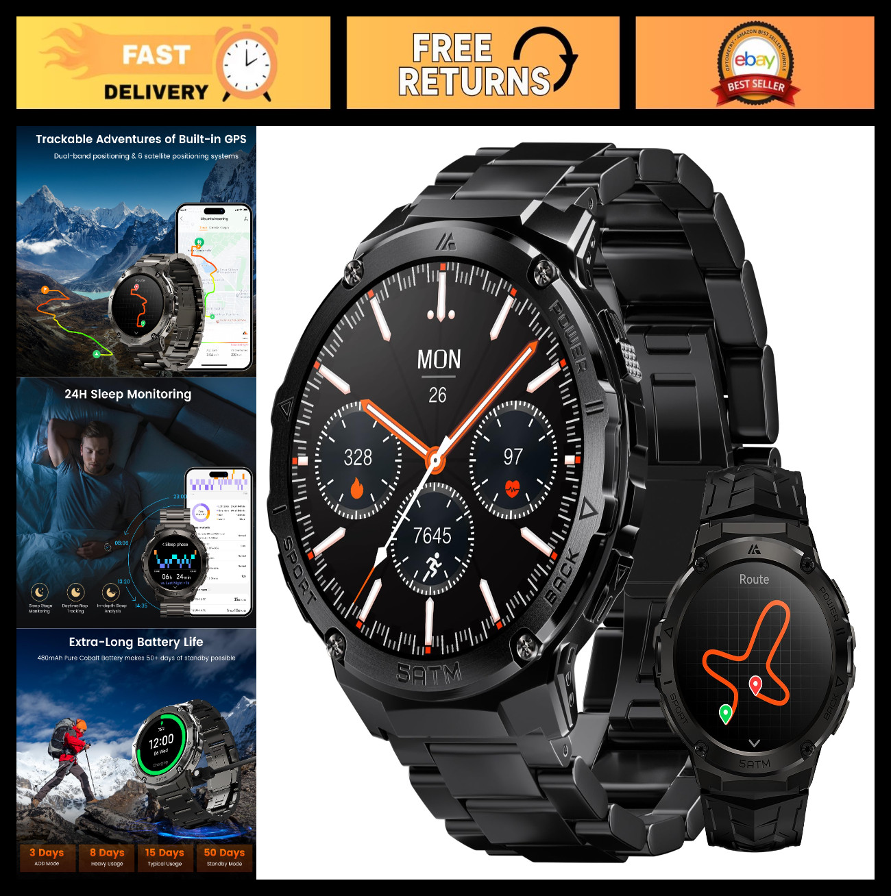 Rugged GPS Smart Watch, 1.43″ AMOLED, 170+ Sports Modes, 15 Days Battery, Waterp