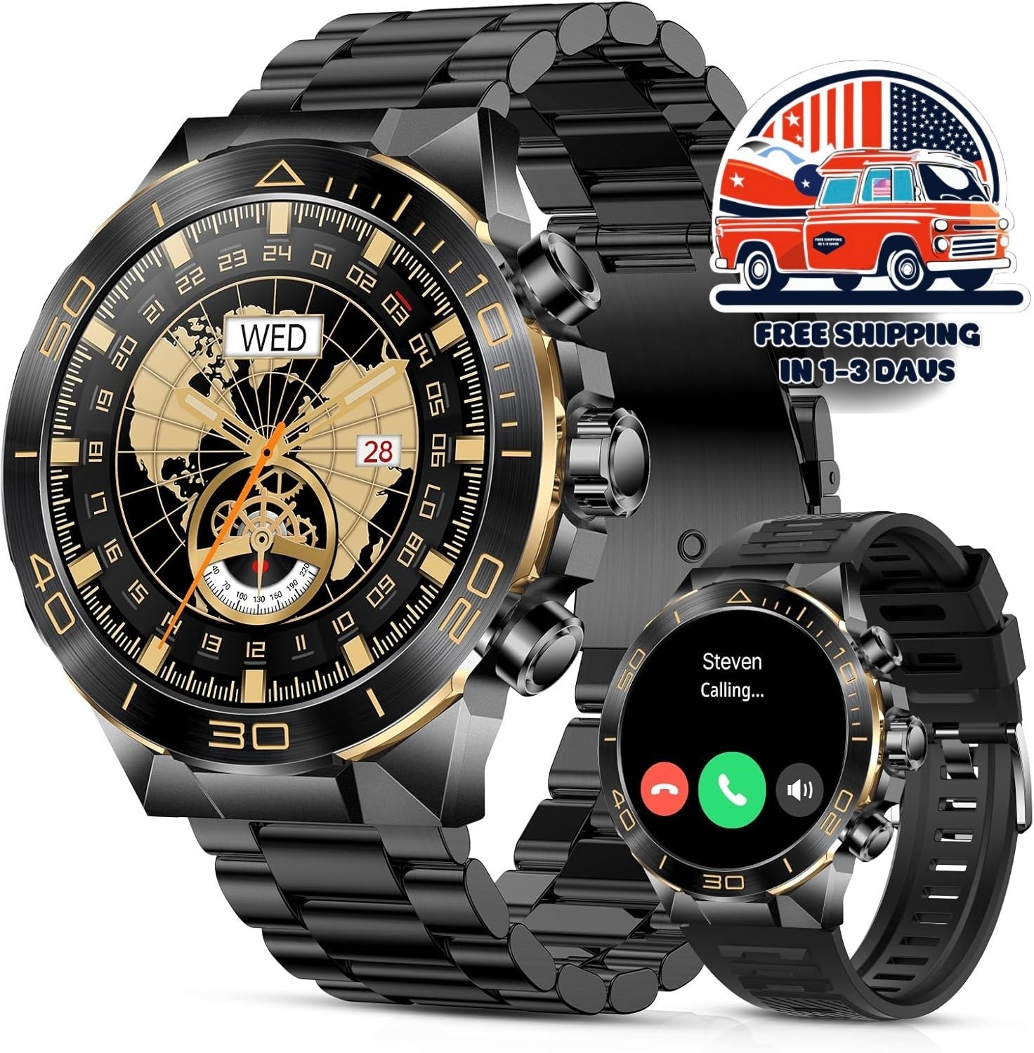 Reloj Inteligente De Lujo Para Hombre Pantalla HD 1.43″ 400mAh 2 Correas NEW US