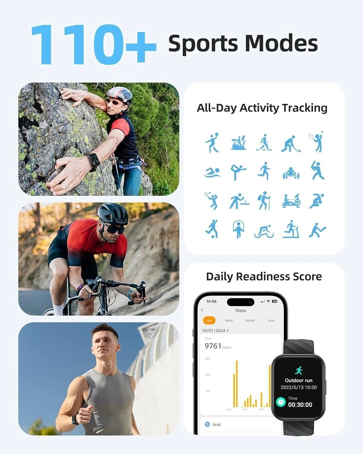 Stylish 5ATM Waterproof Fitness Watch – Heart Rate, Sleep & SpO2 Monitor, Black