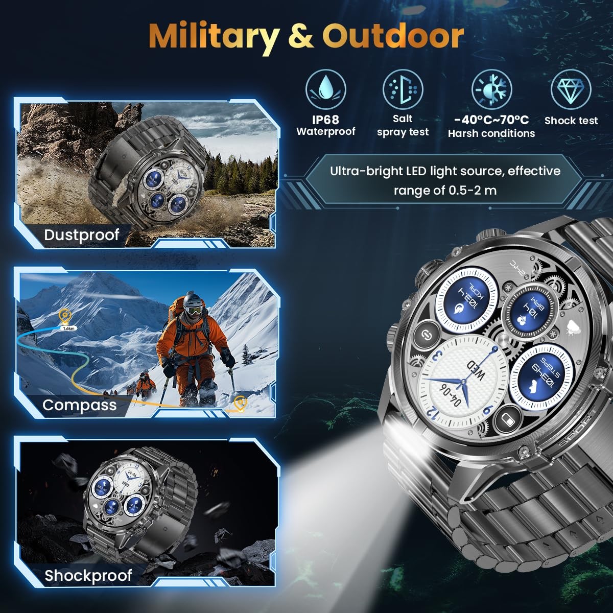 , 1.75-Inch AMOLED Display, IP67 Waterproof for Men with Flashlight, Answer/M…
