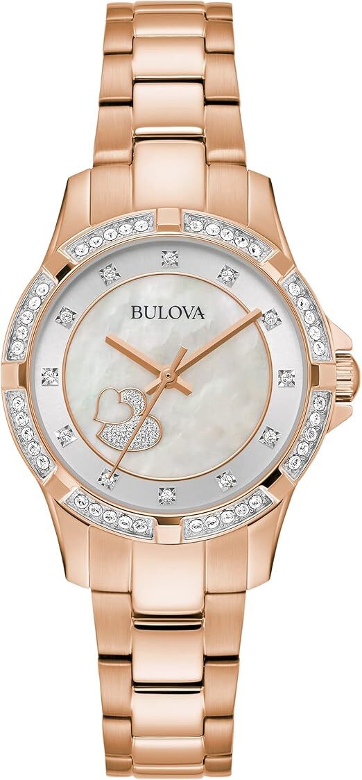 Bulova Ladies’ Crystal Rose Gold Stainless Steel 3-Hand Quartz, with Hearts