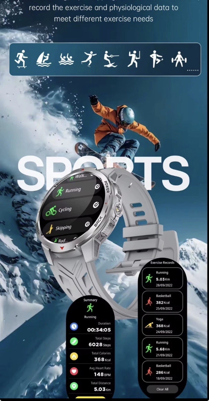 Smartwatch Flashlight 3ATM Waterproof Fitness & Health Tracker, Multi Funct