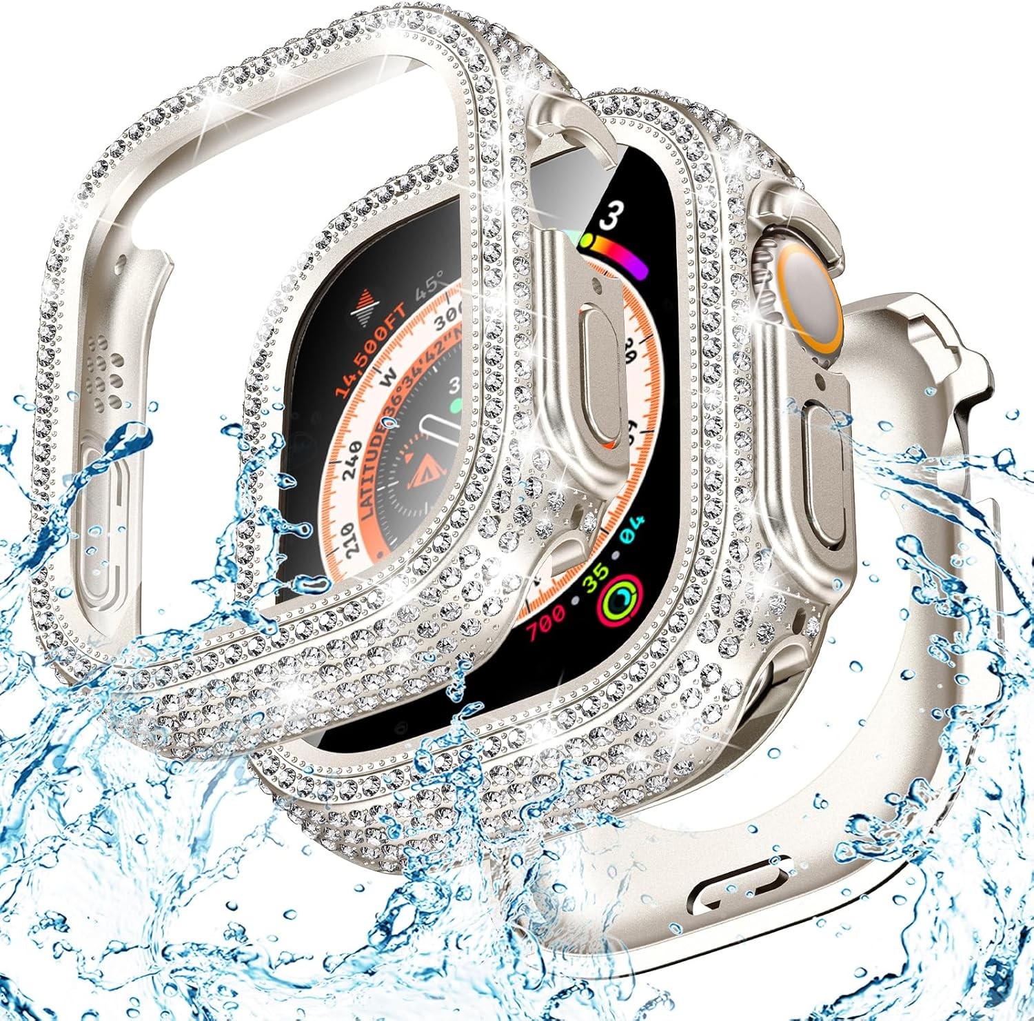Bling Waterproof Case for Apple Watch Ultra 49mm, IP67 Water-Resistant, 9H Glass
