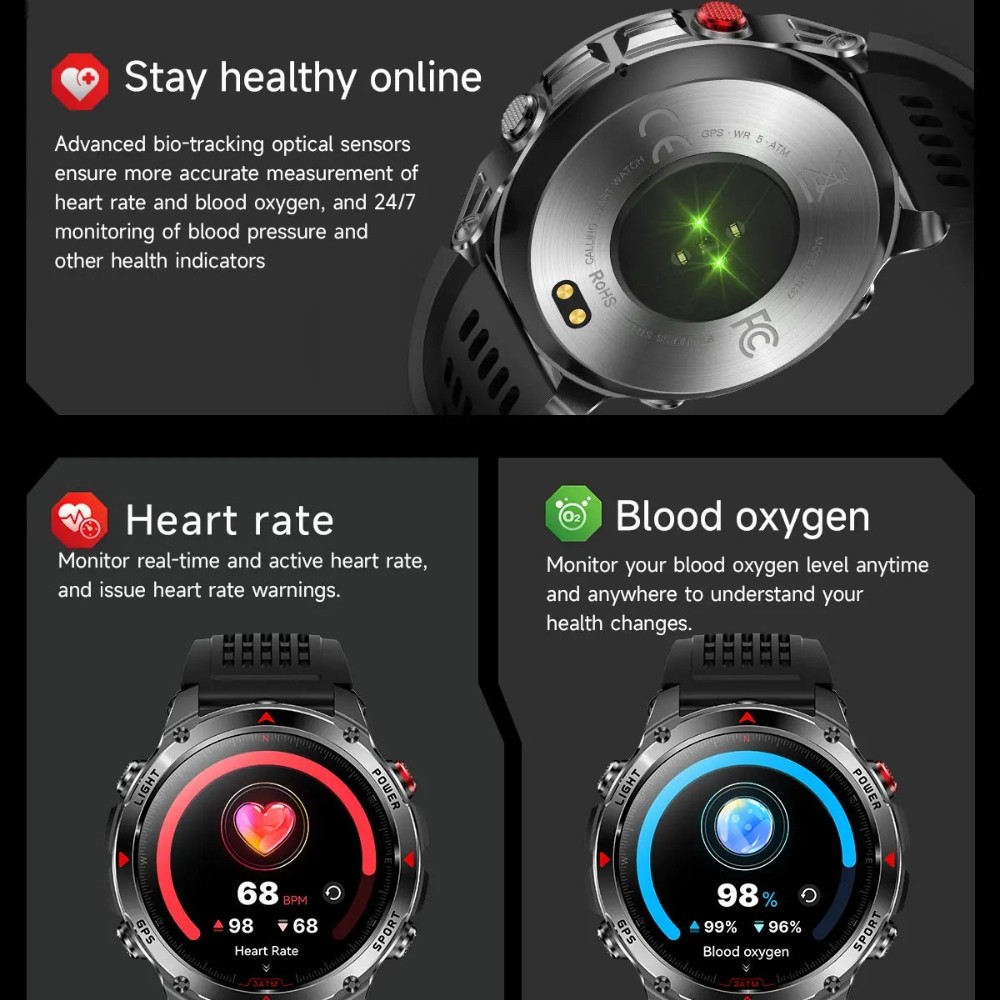 Military Smart Watches For Men Outdoor GPS LED Flashlight Rugged Fitness Tracker