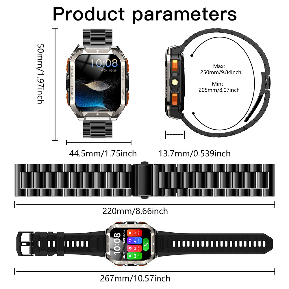 Military Smart Watch Men 900mAh Stainless Steel Watches Flashlight Fitness Track
