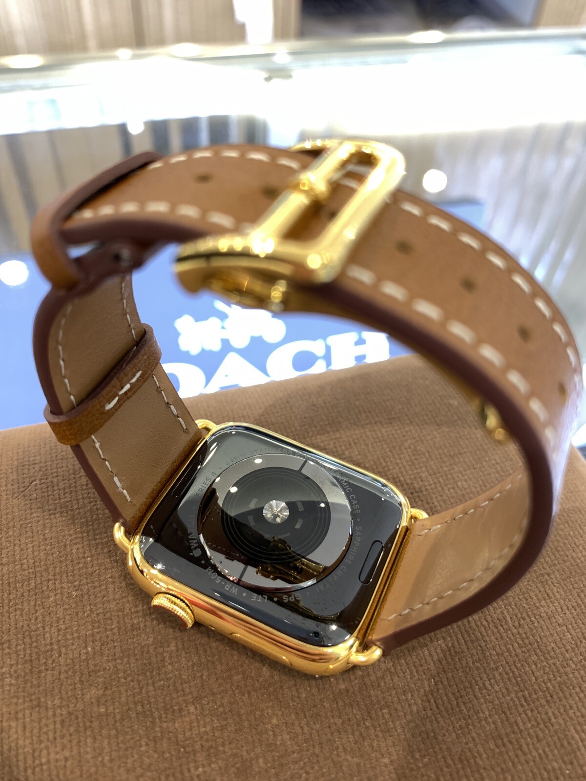 Brown Leather Band 44mm 24k Gold Plated Deplo Buckle Fits Any Series Apple Watch