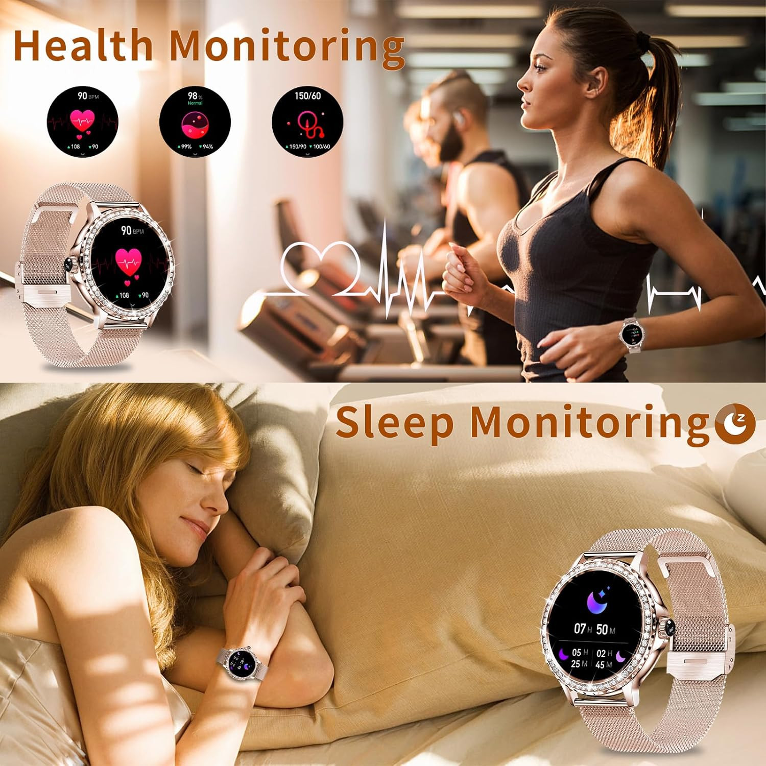Smart Watches for Women (Answer/Make Call) with Diamonds, 1.3”HD Screen Bluetoot
