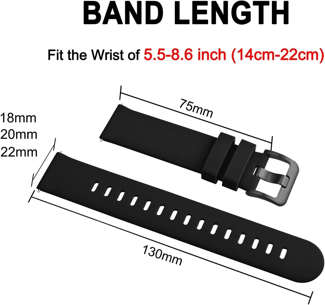 Black 20mm Silicone Watch Band for Slim Watches, Quick Release, Black Buckle