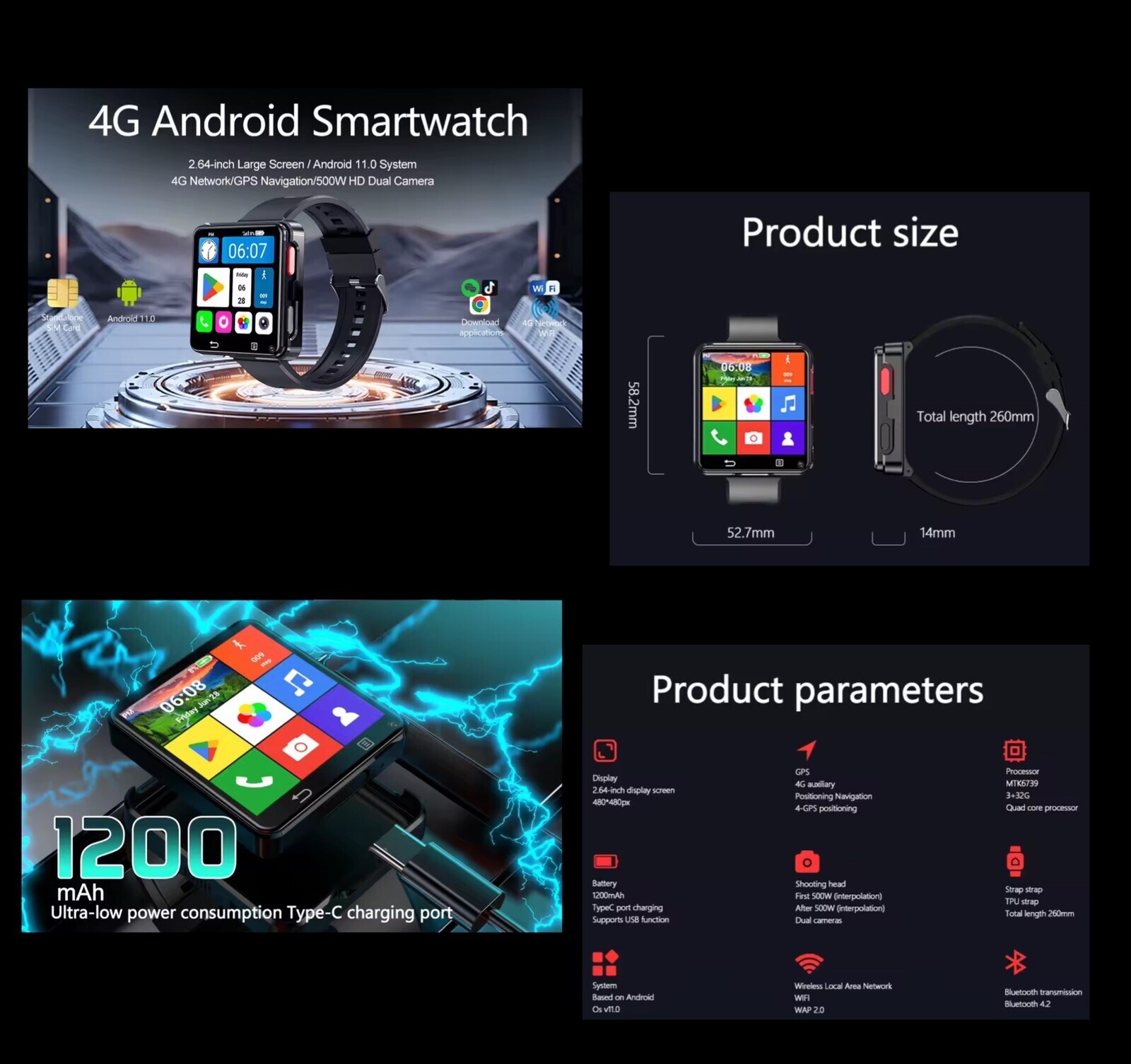 3+32GB SMART WATCH 2.64″ HD Screen 4G,5MP +5MP Dual cameras SIM GPS Android 11.0