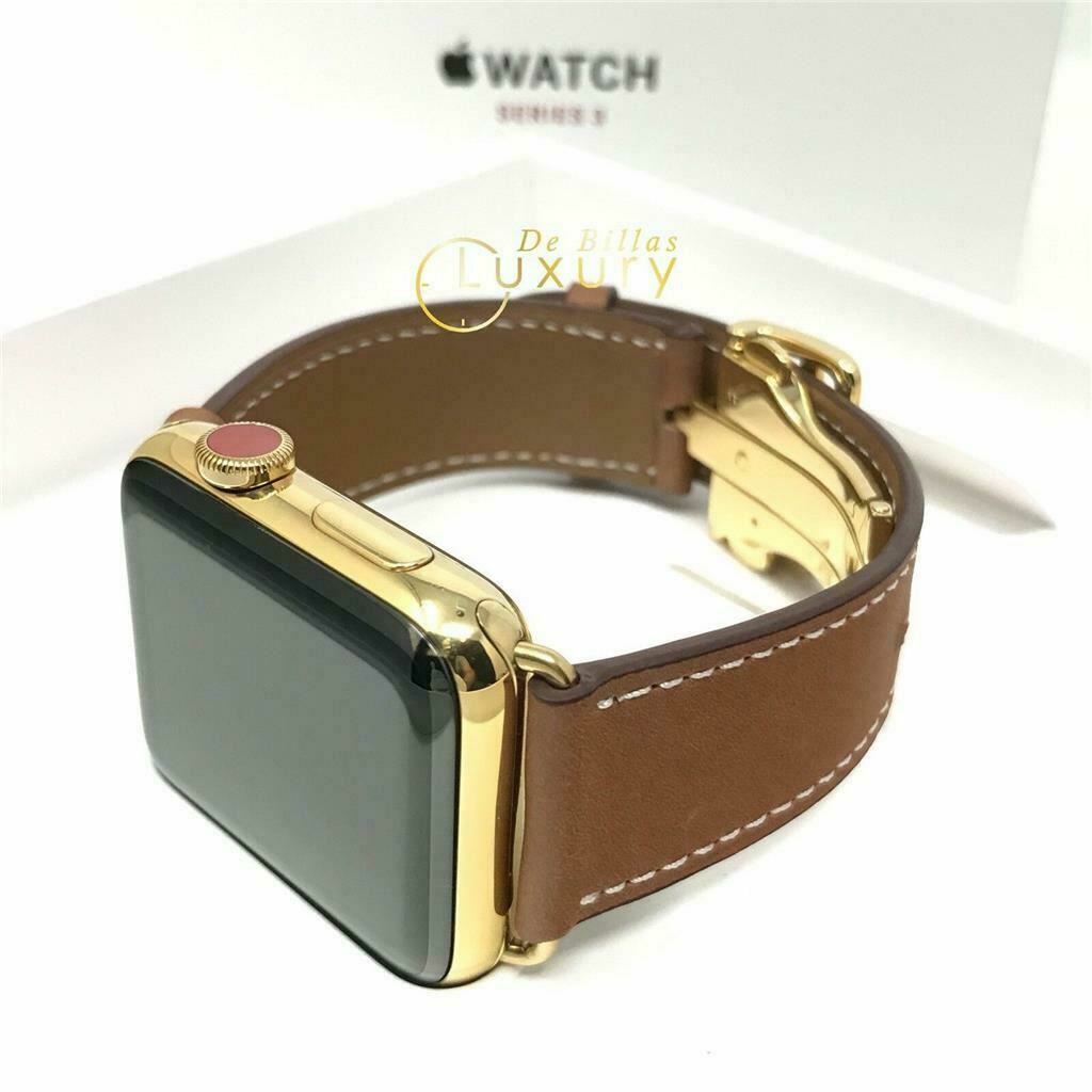 24K Gold Plated 42MM Apple Watch SERIES 3 Brown Leather Band Custom Wooden Box