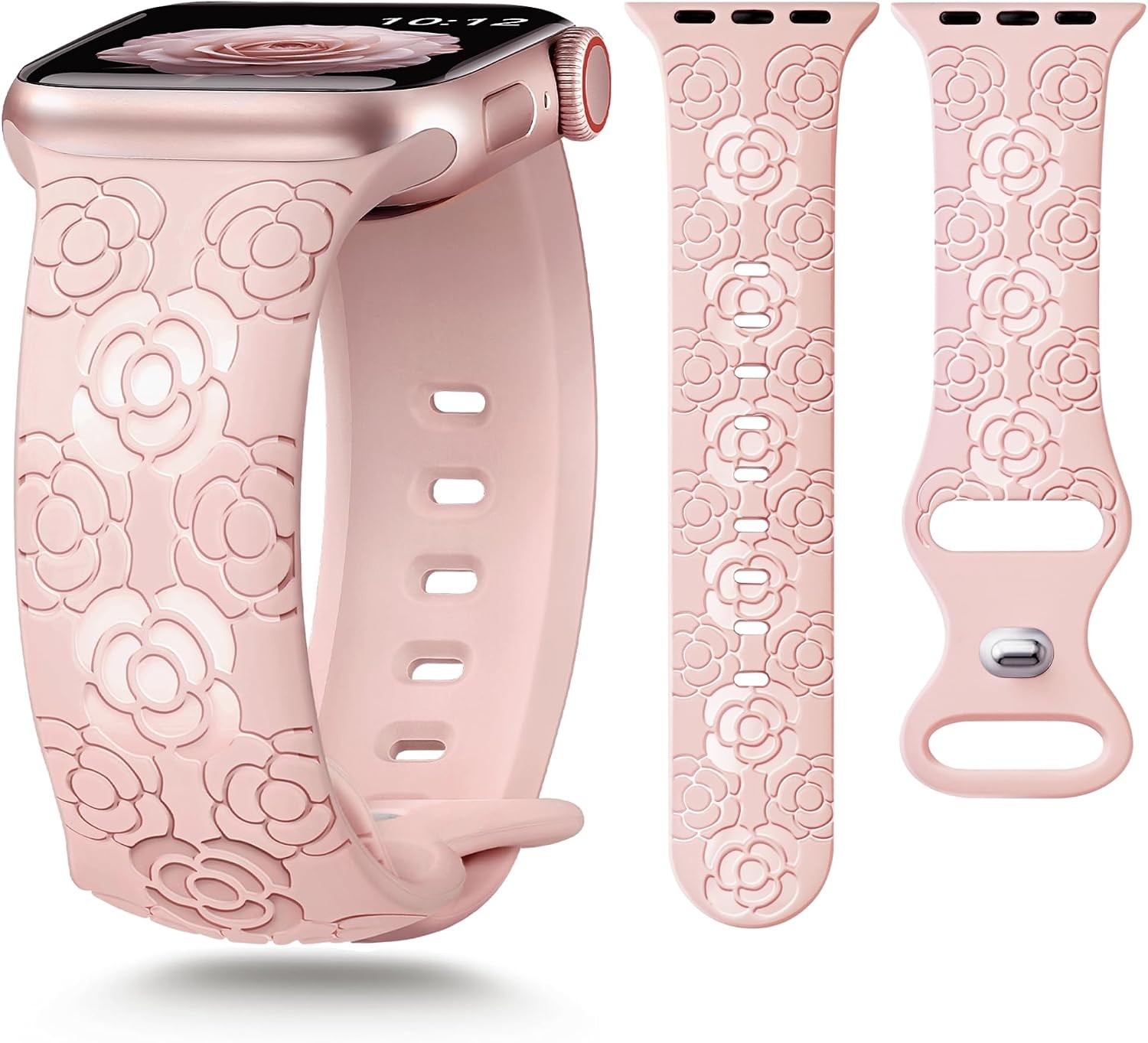 Pink Floral Silicone Band for Apple Watch 44mm Series 7, Women’s Soft Strap