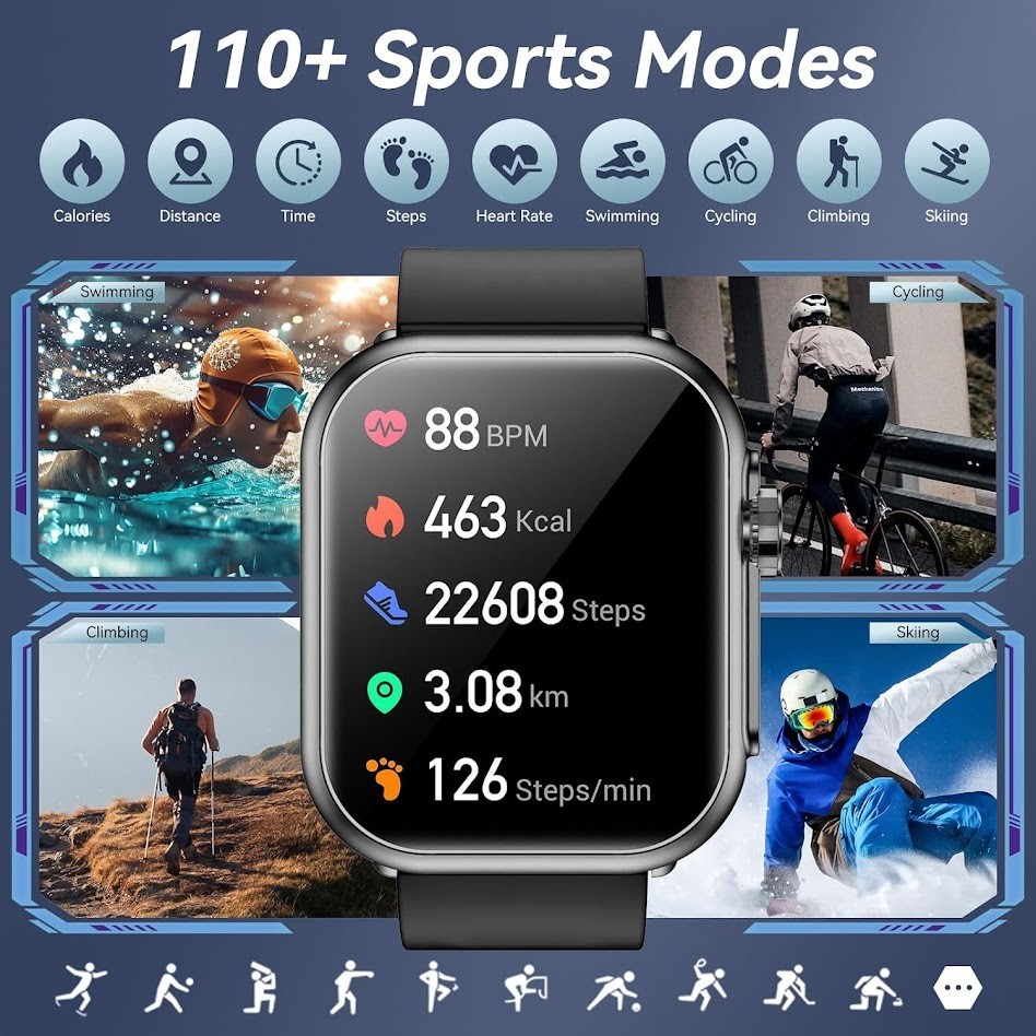 Smart Watch K62 1.85in Fitness Tracker IP68 Heart Rate Bluetooth Call Black