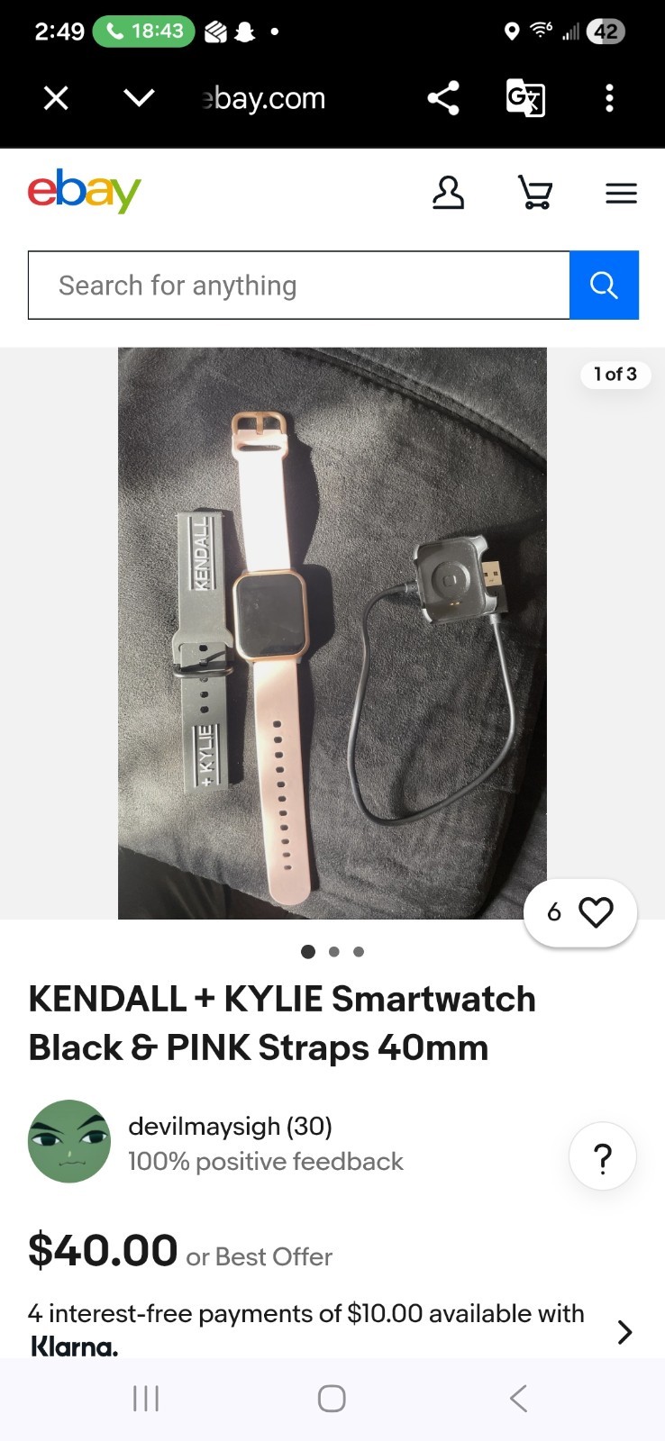 KENDALL + KYLIE Smartwatch Touch Screen 40mm Gold Case Pink Black Silicone Band