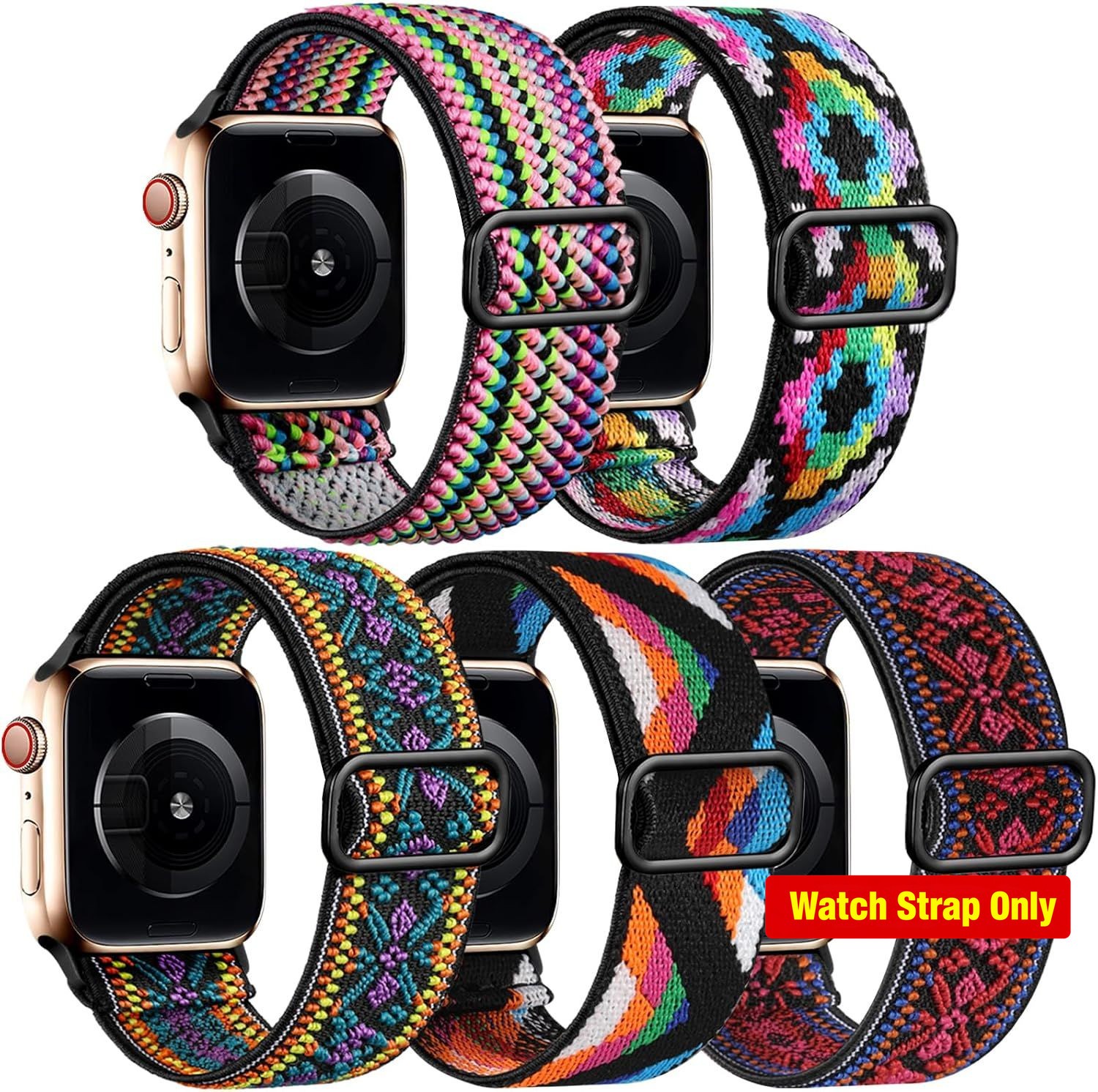 5 Pack Stretchy Fabric Strap Compatible with Apple Watch 40mm 44mm Boho Loop