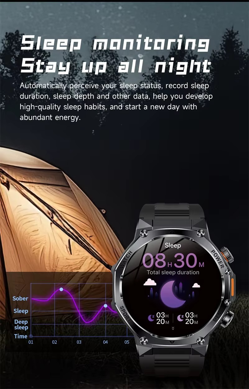 Smart Watch Heavy Duty Black Silicone 1.8″ Screen Hiking Compass 3+ Days Bat.