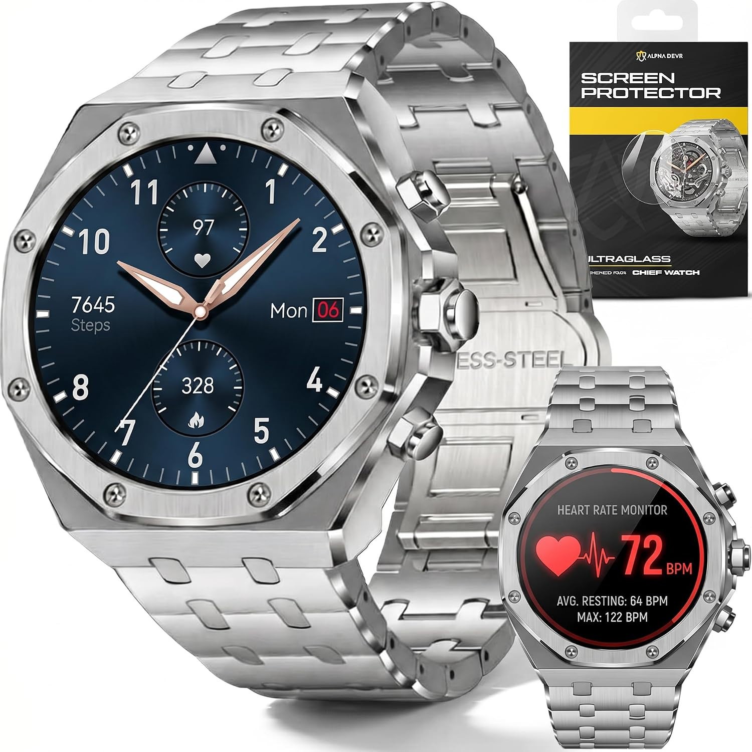 *NIB* ALPHAGEAR Chief Smartwatch Men AMOLED BT Calling 14-Day Battery, Silver