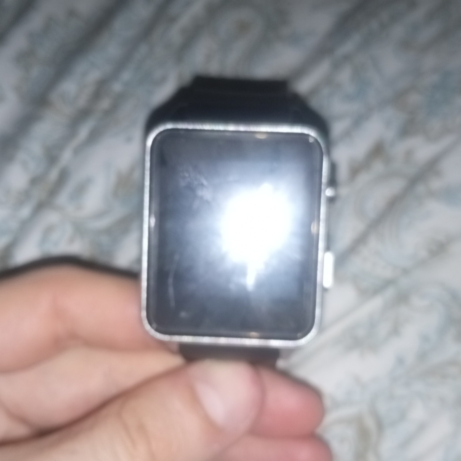 Rectangular Smartwatch Silver Metal Case Black Silicone Band