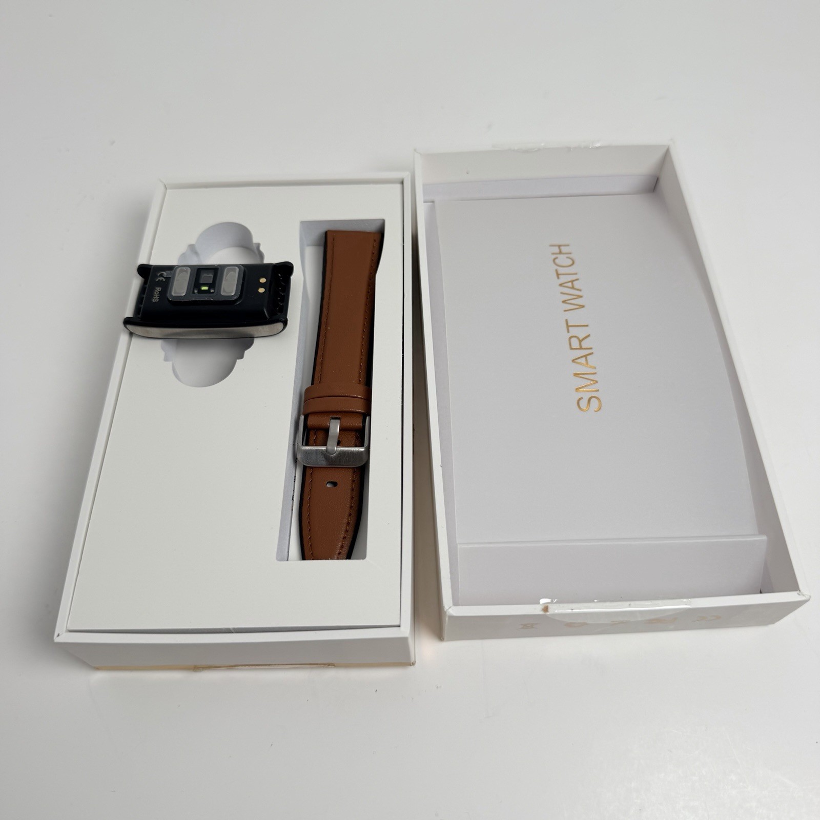 Yowow BIT Smart Watch 43mm Black Alloy Case Brown Leather Band HR iOS/Android