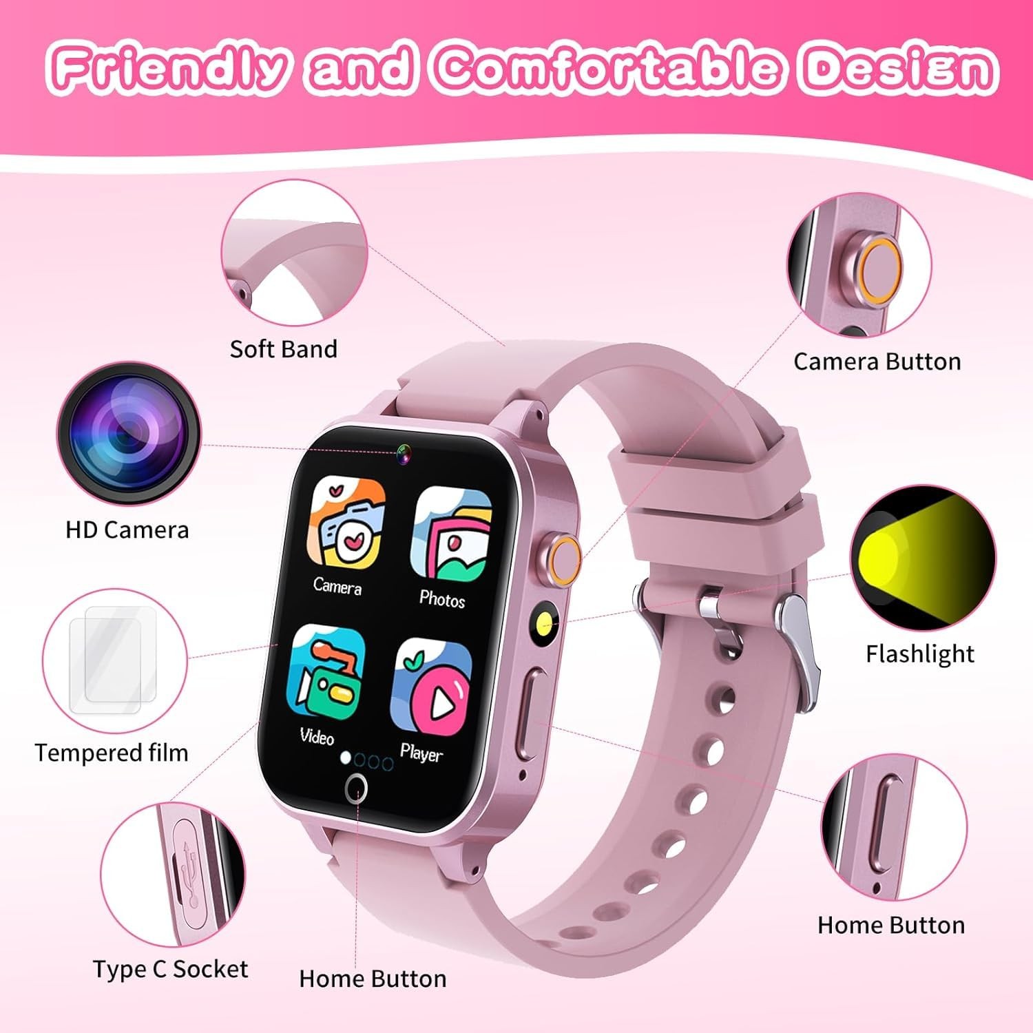 Kids Smart Watch Gift for Girls Age 5-12, 39 Games HD Touch Screen Watches with