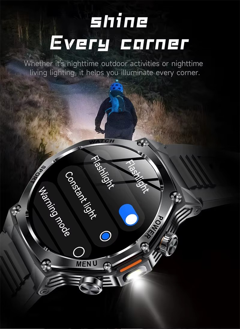 Smart Watch Heavy Duty Black Silicone 1.8″ Screen Hiking Compass 3+ Days Bat.