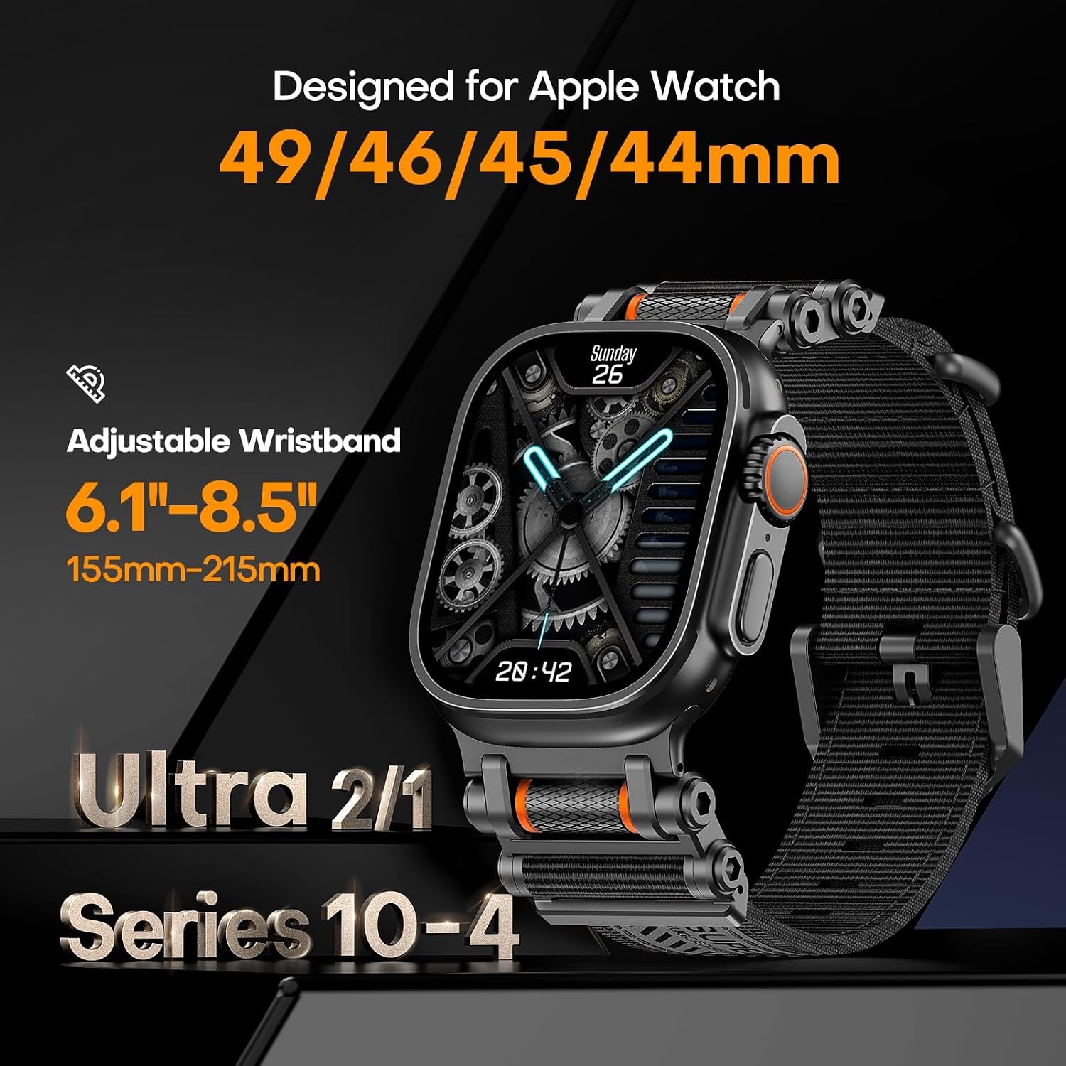 Nylon Band for Apple Watch Ultra 49mm Adjustable Woven Sport Strap, All Black