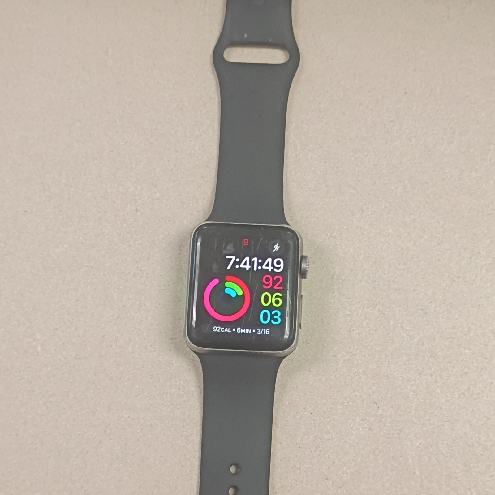 Apple Watch Series 3 A1859 42mm Silver Aluminum Case Black Silicone Band GPS 8GB