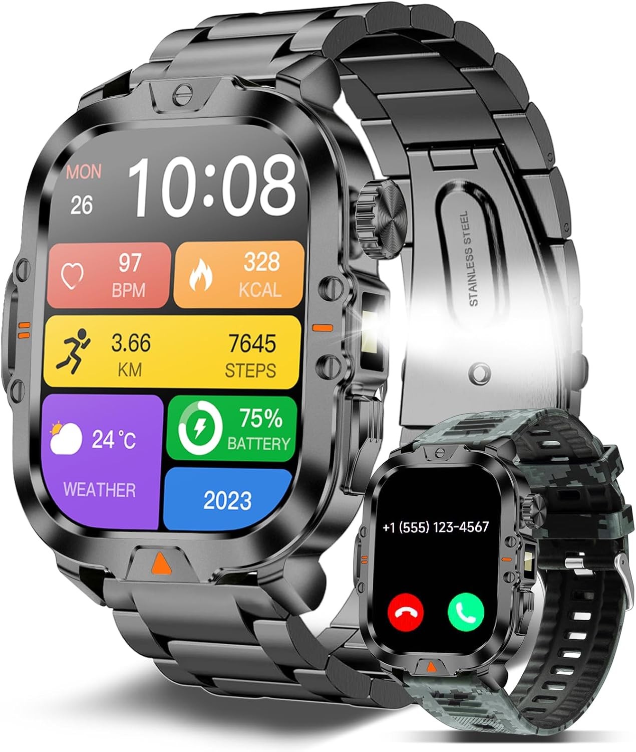 Military Smart Watch 2.01 Inch Call Answer 170 Sports IP68 Waterproof Black