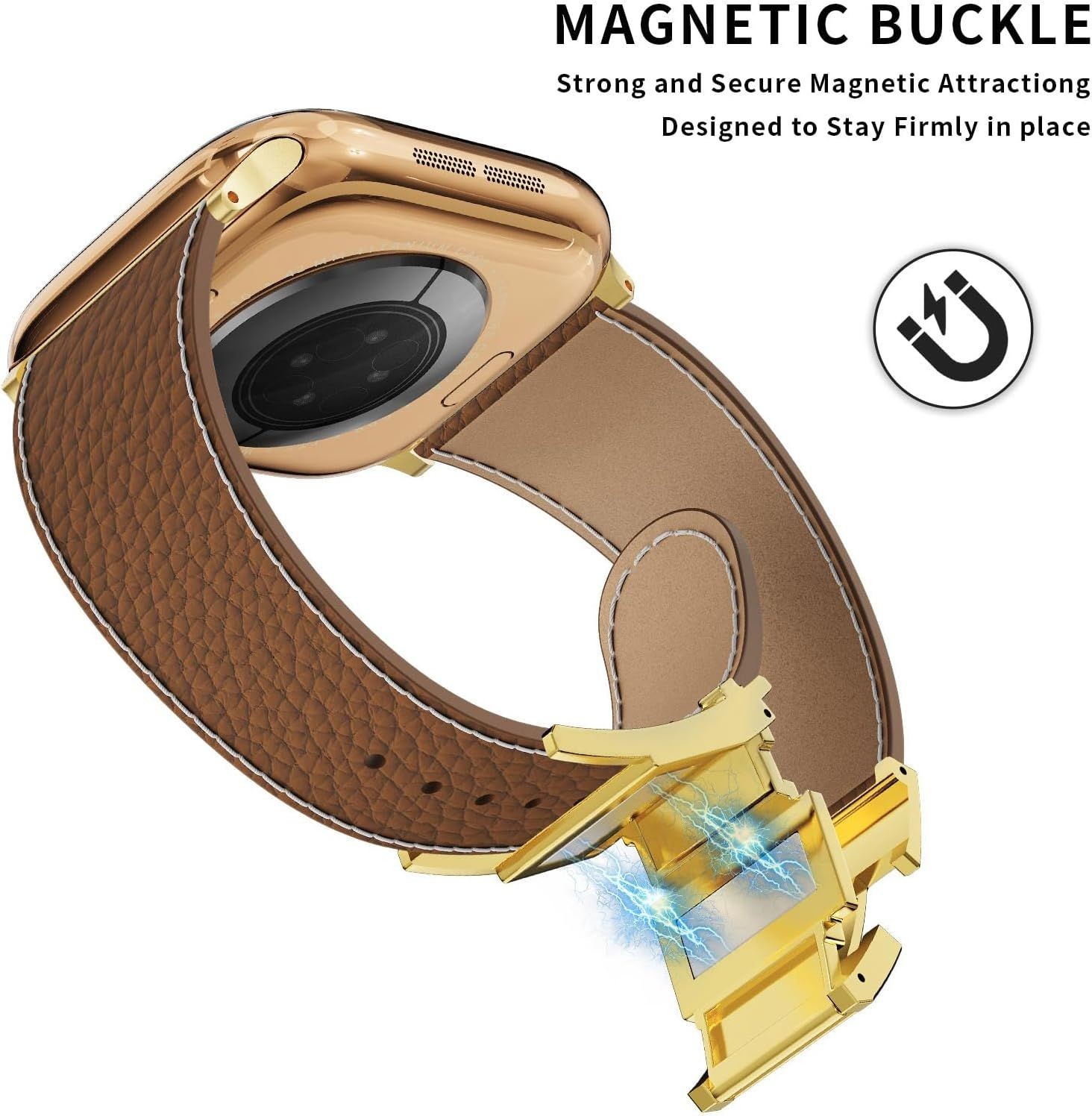 Brown Leather Magnetic Watch Band with Gold Buckle for Apple Watch Ultra 49mm