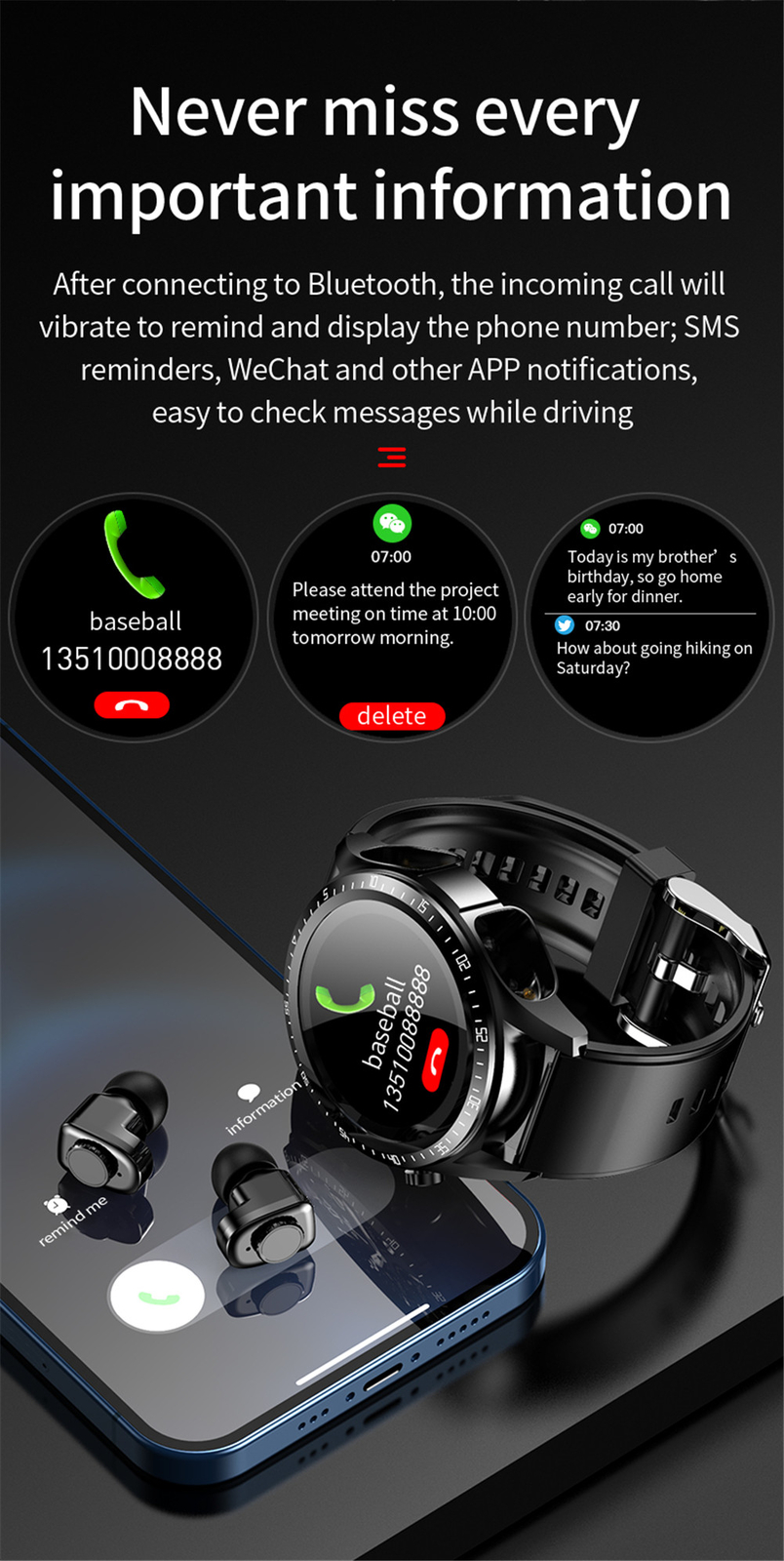 2 In 1 Smart Watch for Women Men Bluetooth Headphones Smartwatch for Android iOS