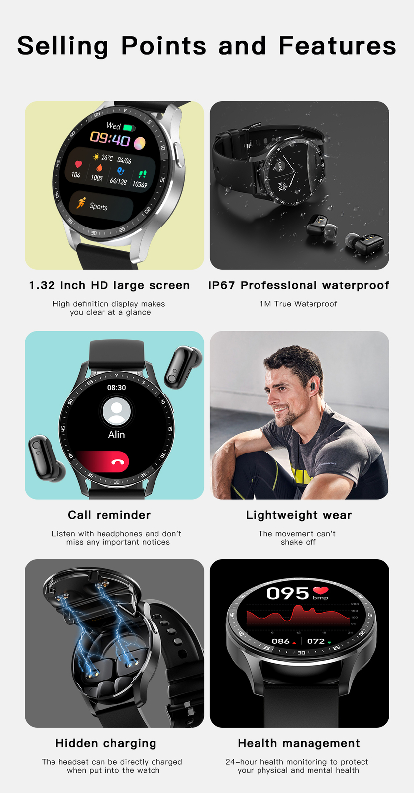 Bluetooth Smart Watch 2 In 1 Smartwatch with In Ear Headsets For Android IOS