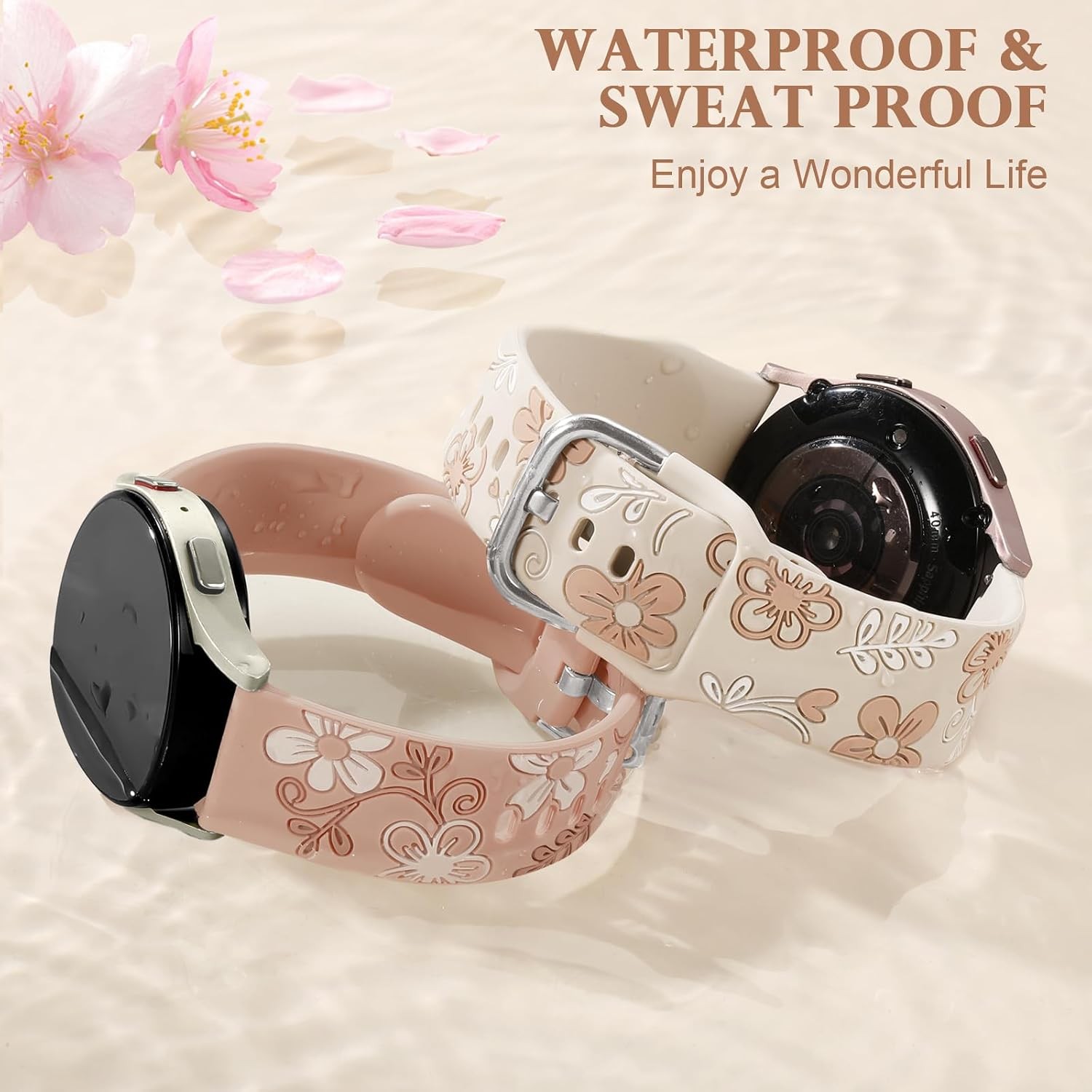 Pink Floral Silicone Band for Samsung Galaxy Watch 7, Active 2, 20mm, Replacemen