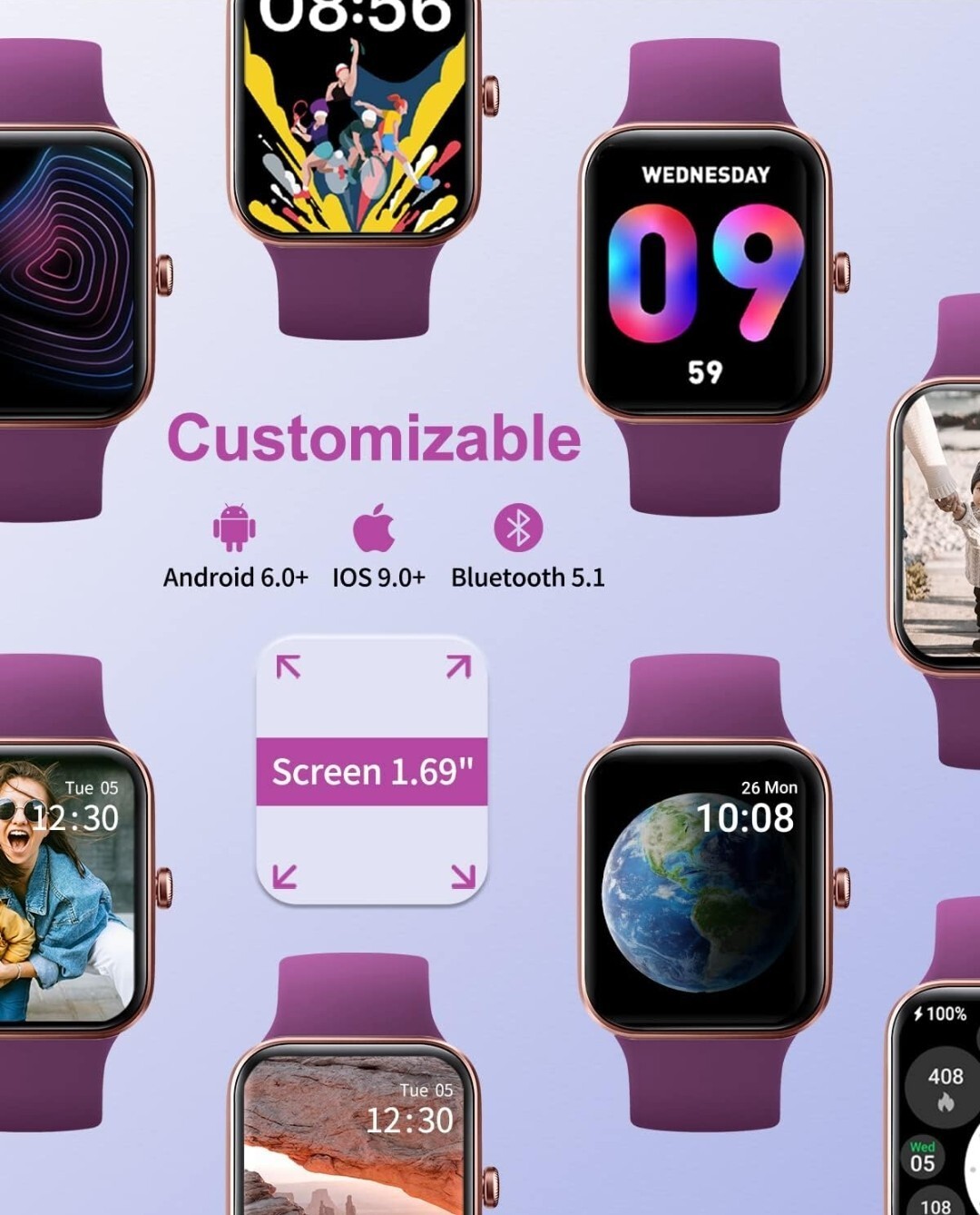 Smart Watch Fitness Watch For Men &Women 1.69″ Touch Screen For IPhone & Android