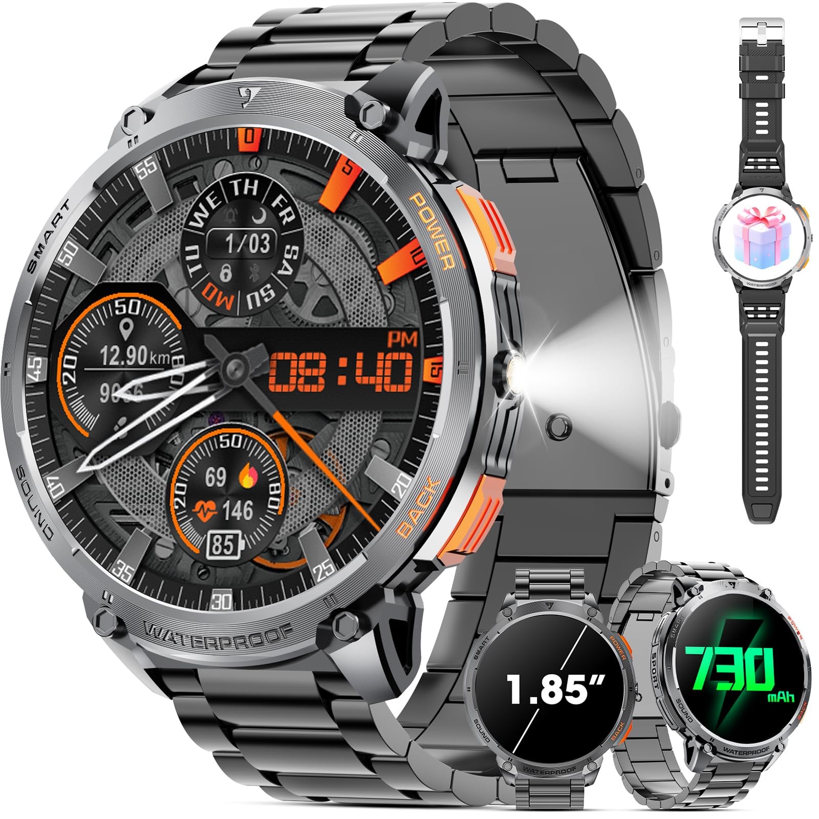 Military for Men 1.85″ HD Touch Screen 730mAh Battery Watches with Flashlight…