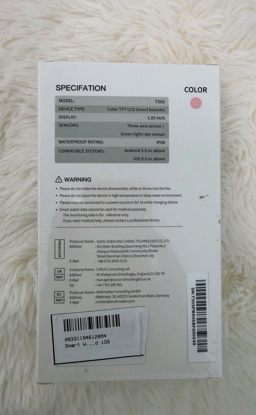 Donerton T50S Smartwatch 1.85in Pink Silicone Band IP68 HR/Sleep Monitor
