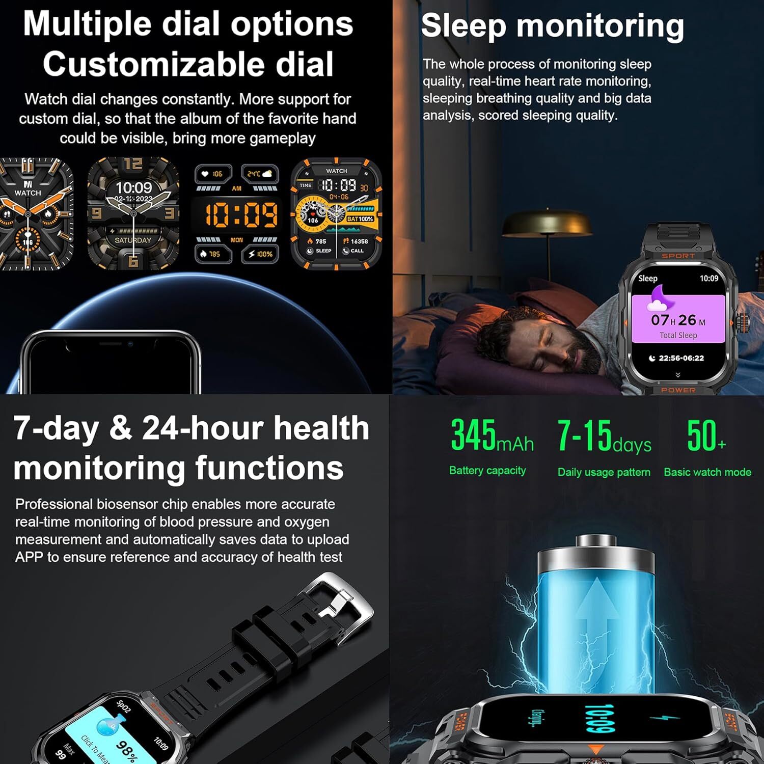 2-IN-1 Outdoor Rugged Sport Smart Watch With Earbuds For Men(Answer/Make Calls)