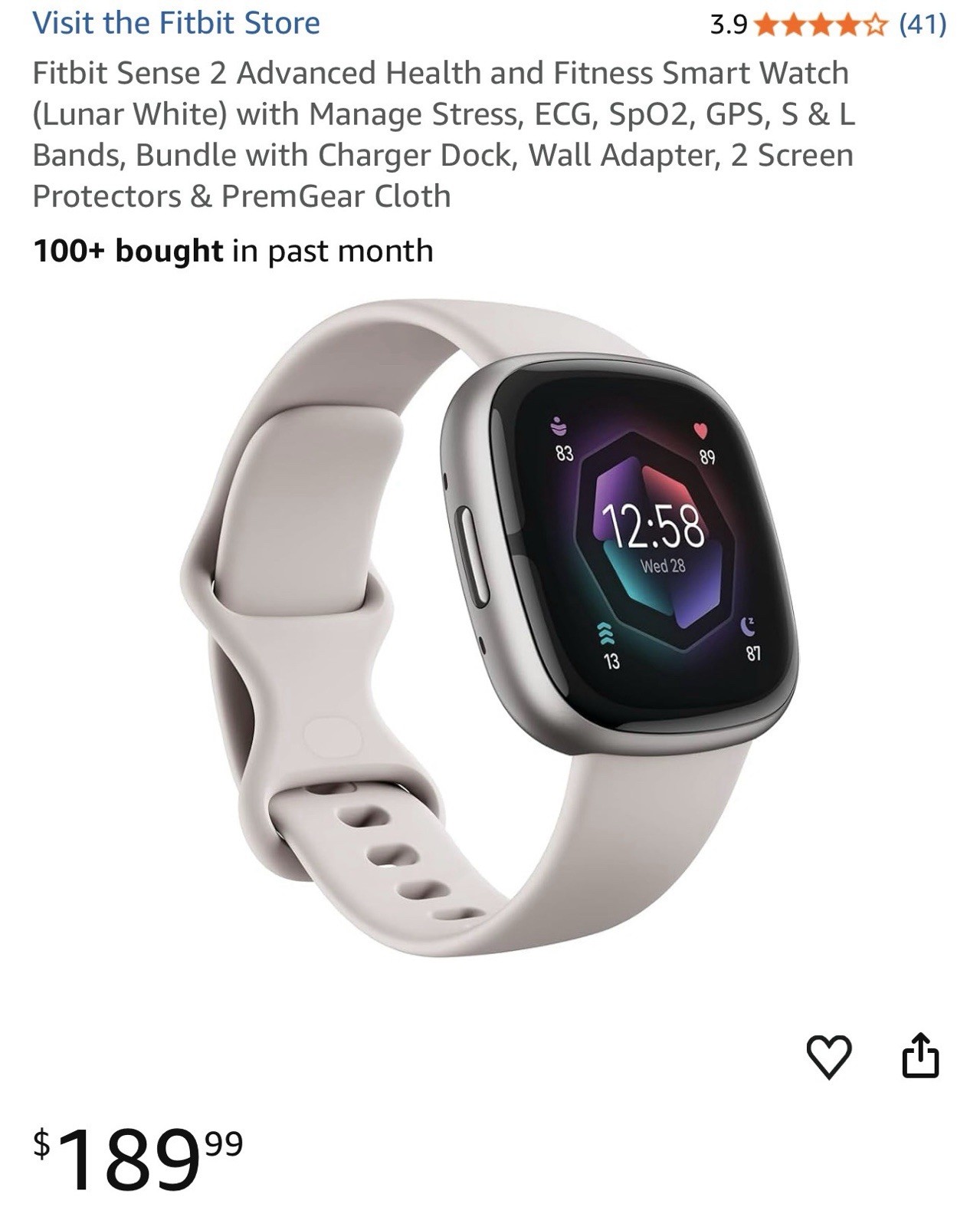 Fitbit Sense 2 40mm Smartwatch ECG GPS Blood Oxygen Silver Case White Band