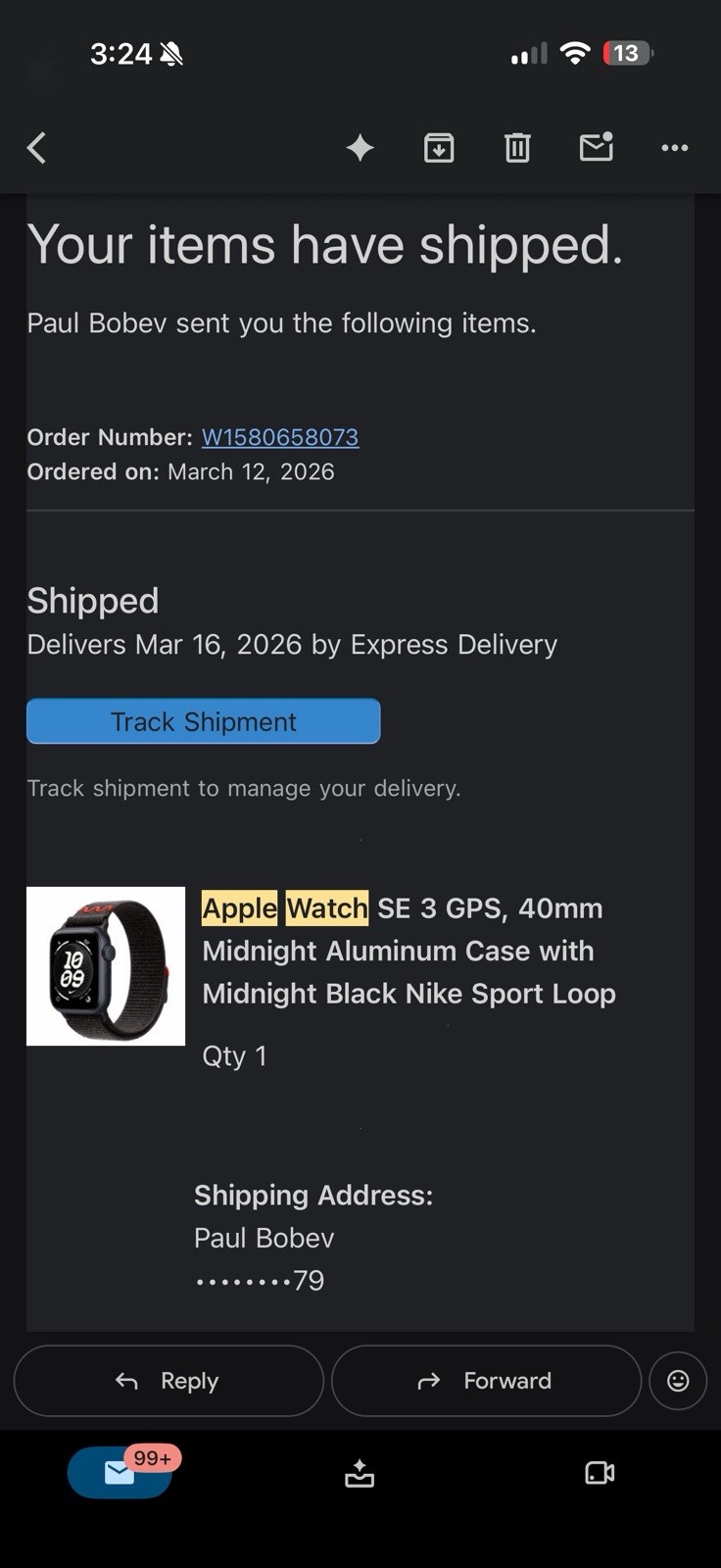 Apple Watch SE 3 40mm, Midnight, Black Nike Sport Loop Nylon Strap