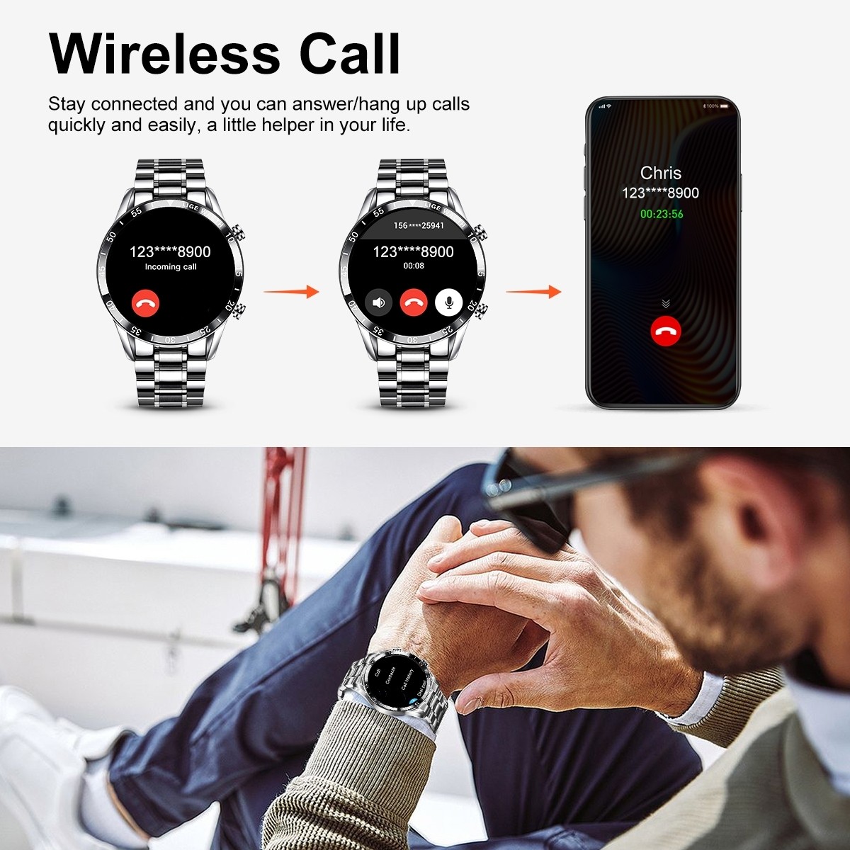 Luxury Smartwatch Men Business Stainless Steel Smart Watch Sport Bluetooth Call