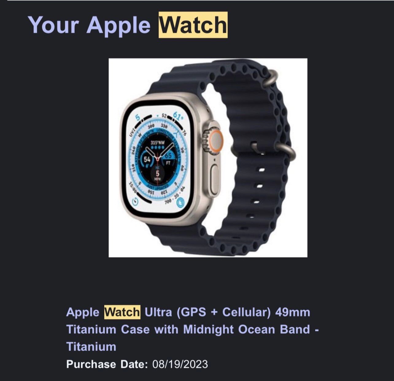 Apple Watch Ultra 49mm Titanium Case with Midnight Ocean Band, One Size (GPS…