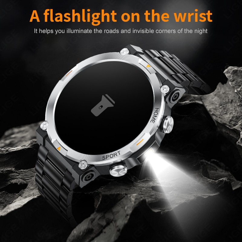 Military Smart Watch Men Rugged 1.43″ Fitness Tracker Waterproof LED Flashlight