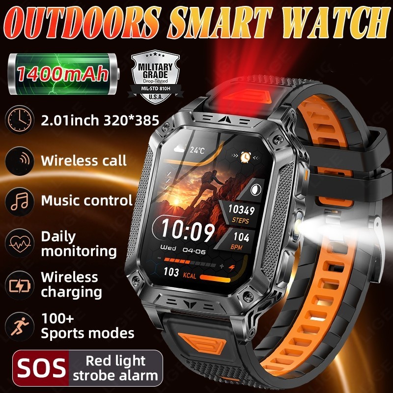 Military Rugged Smart Watch For Men Fitness Tracker With LED Flashlight 1400mAh