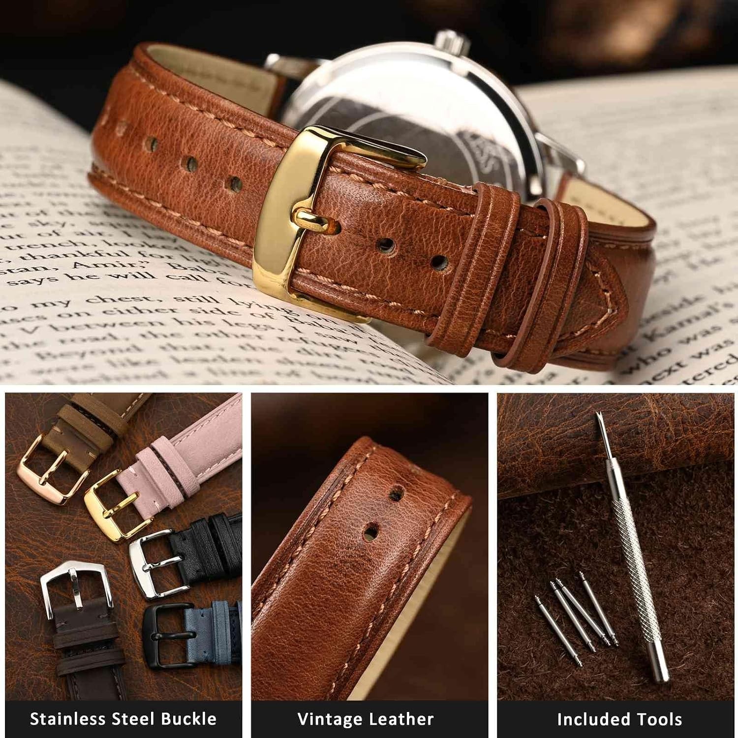 Case For 18mm Leather Watch Band with Gold Buckle for Men and Women