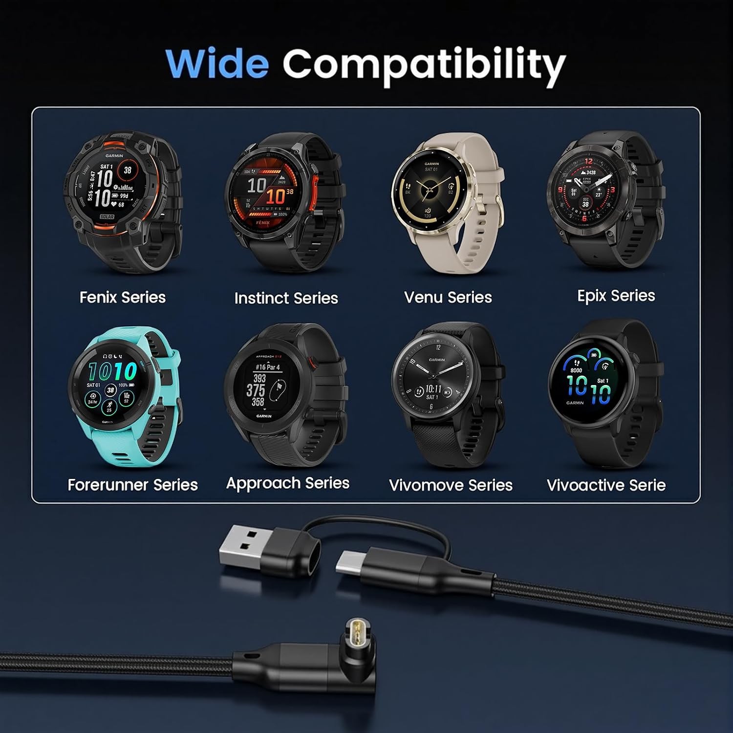 2-in-1 Charger Cable for Garmin Watch, L-Shape USB C Power Cord, 6.6ft