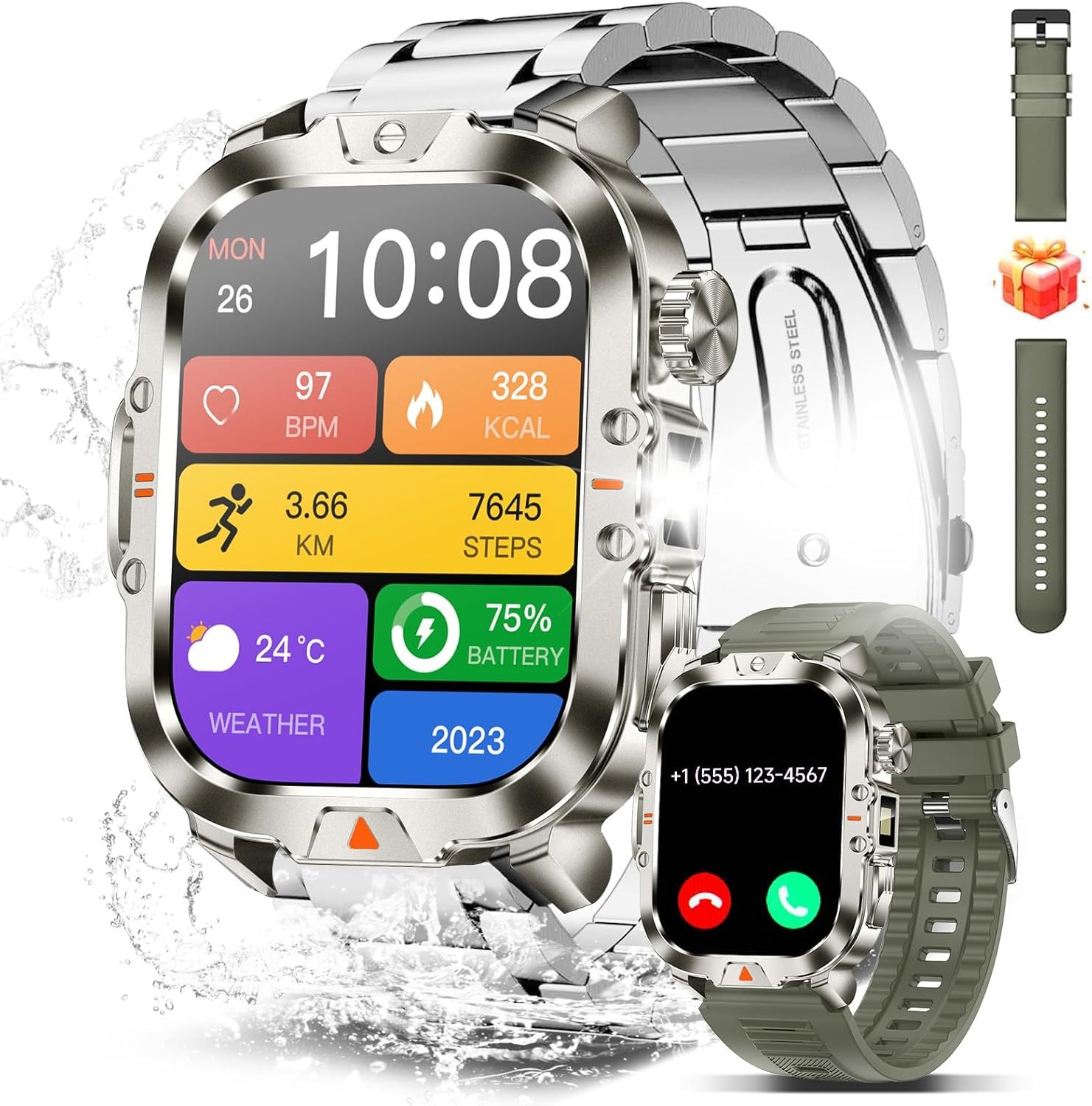 Military Smart Watch 2.01 Inch Call Answer 170 Sports IP68 Waterproof Black