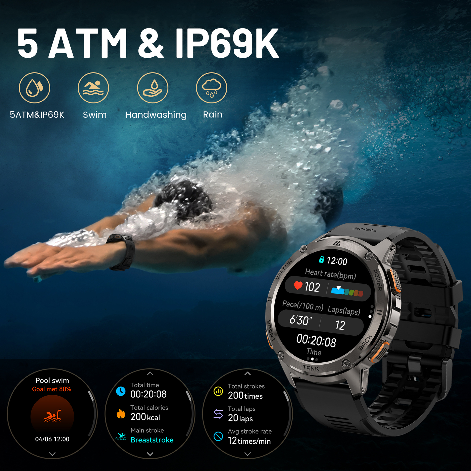 KOSPET TANK T3 Smart Watch for Men Women Smart Watches 5ATM Waterproof Watch