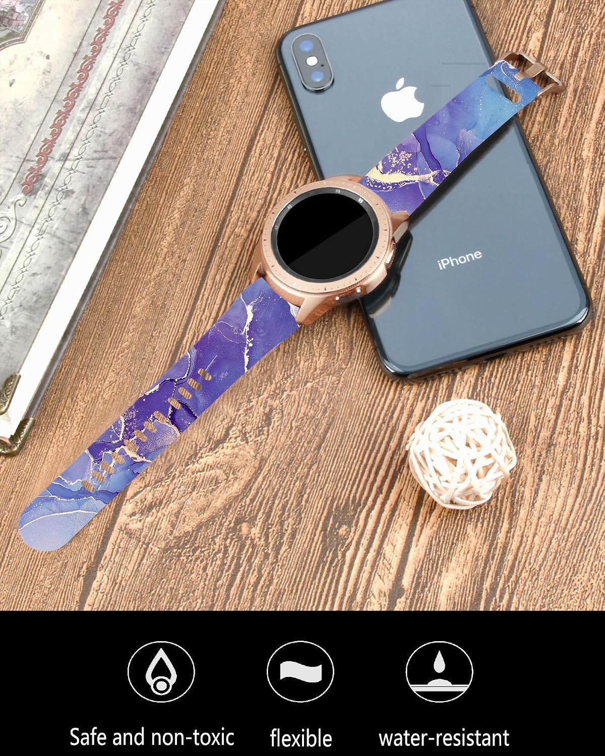 20mm Silicone Sport Bands in Purple Gold Marble for Galaxy Watch 6/5 40mm/44mm