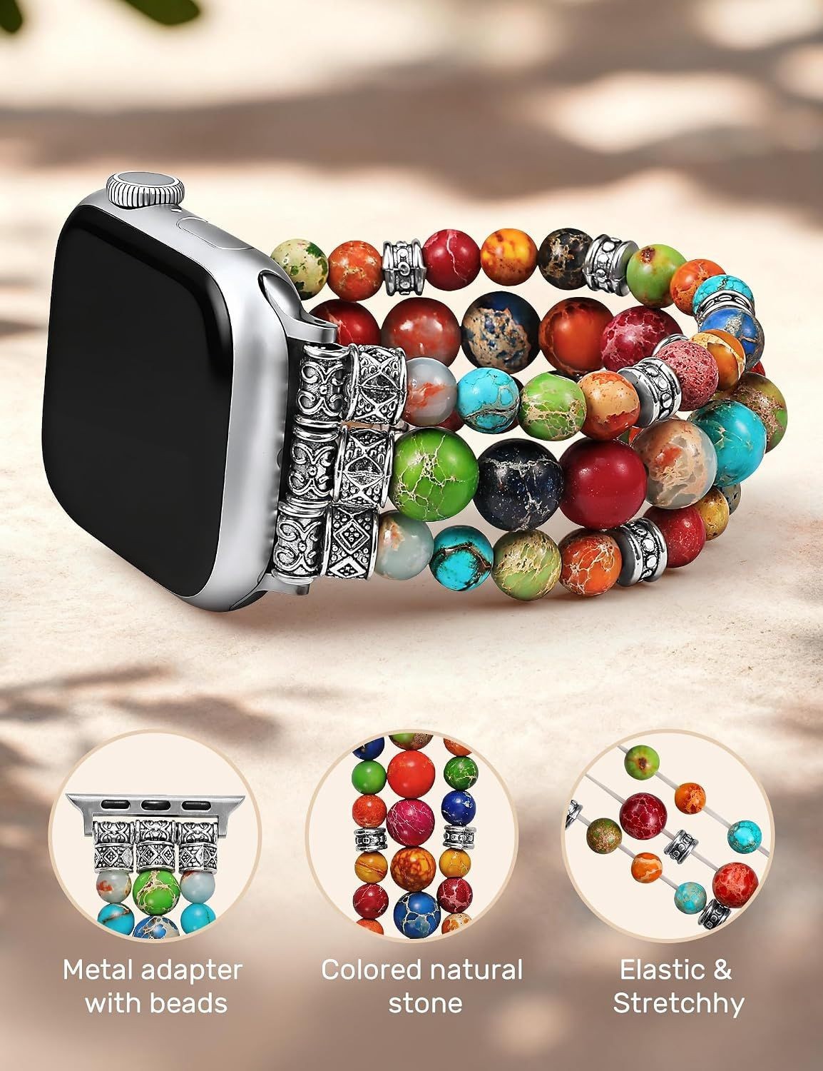 Boho Beaded Bracelet for Apple Watch 38-49mm Series 1 SE Ultra, Vibrant Chakra