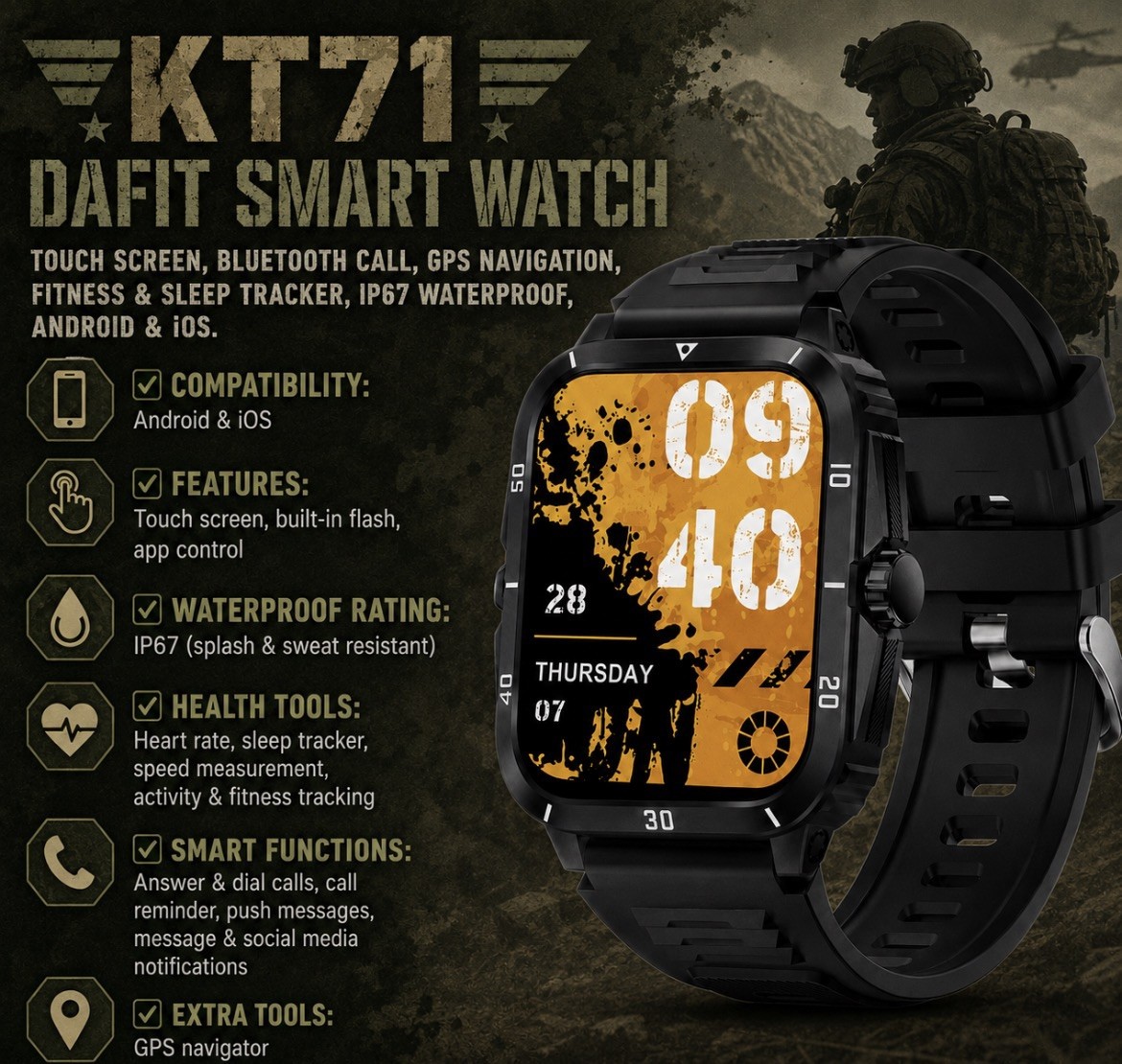 Military Smart Watch Touch Screen, Bluetooth Call