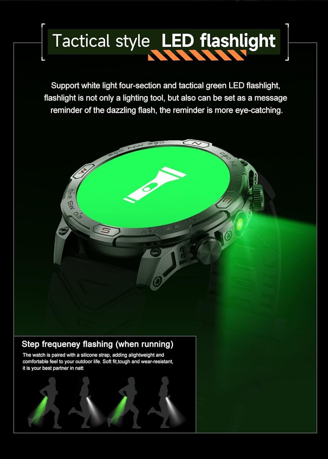 Military & Fitness Smart Watch LED Flashlight Make/Answer Call 1.43″ HD Screen