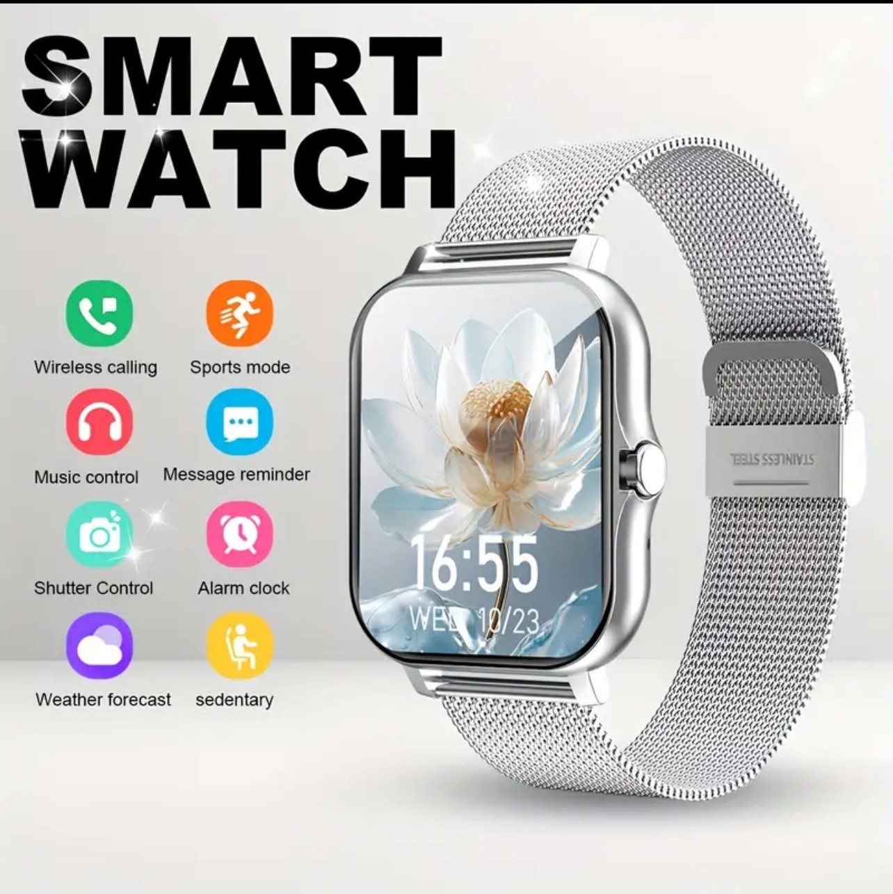 1.86″ Full Touch Screen Smart Watch With Stainless Steel Band & Alloy Body